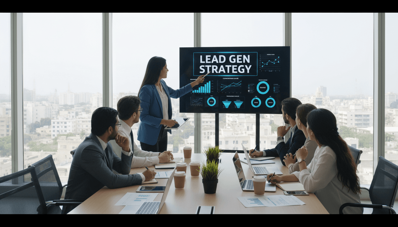 Team collaborating on lead generation strategy with data analytics and business metrics