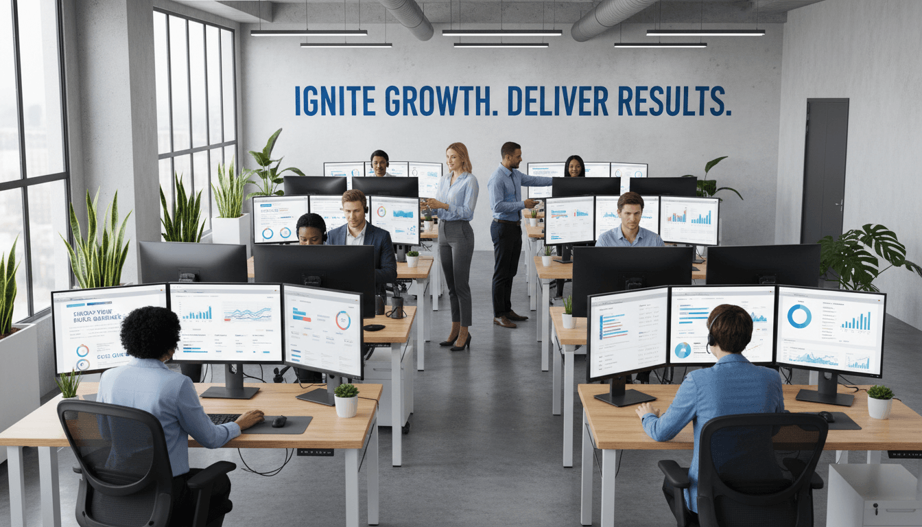 Modern lead generation and business development agency team in office with laptops